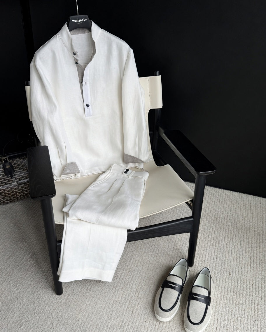 Premium Linen Mandarin Collar Suit