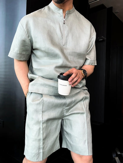 Luxury Premium Linen 2-Piece Summer Set | Mandarin Collar Short Sleeve Shirt & Breathable Shorts for Men