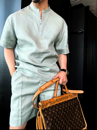 Luxury Premium Linen 2-Piece Summer Set | Mandarin Collar Short Sleeve Shirt & Breathable Shorts for Men