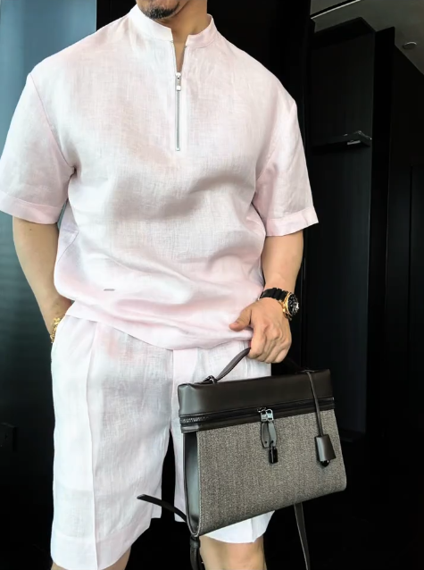 Luxury Premium Linen 2-Piece Summer Set | Mandarin Collar Short Sleeve Shirt & Breathable Shorts for Men