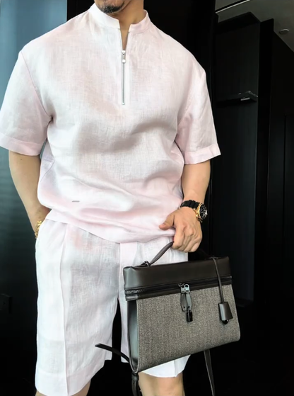 Luxury Premium Linen 2-Piece Summer Set | Mandarin Collar Short Sleeve Shirt & Breathable Shorts for Men