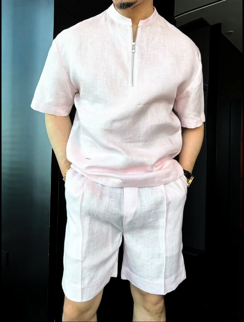 Luxury Premium Linen 2-Piece Summer Set | Mandarin Collar Short Sleeve Shirt & Breathable Shorts for Men
