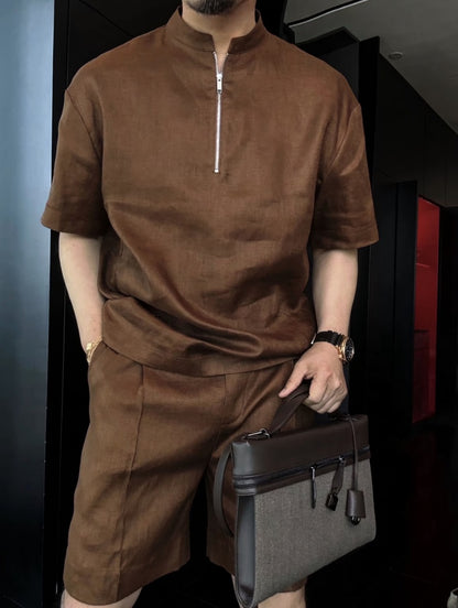 Luxury Premium Linen 2-Piece Summer Set | Mandarin Collar Short Sleeve Shirt & Breathable Shorts for Men