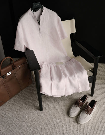 Luxury Premium Linen 2-Piece Summer Set | Mandarin Collar Short Sleeve Shirt & Breathable Shorts for Men