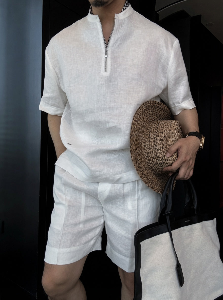 Luxury Premium Linen 2-Piece Summer Set | Mandarin Collar Short Sleeve Shirt & Breathable Shorts for Men
