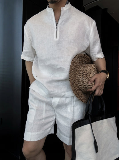 Luxury Premium Linen 2-Piece Summer Set | Mandarin Collar Short Sleeve Shirt & Breathable Shorts for Men