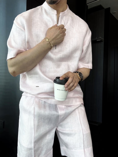 Luxury Premium Linen 2-Piece Summer Set | Mandarin Collar Short Sleeve Shirt & Breathable Shorts for Men