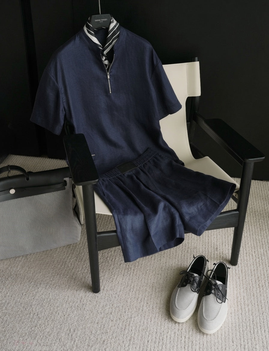 Luxury Premium Linen 2-Piece Summer Set | Mandarin Collar Short Sleeve Shirt & Breathable Shorts for Men