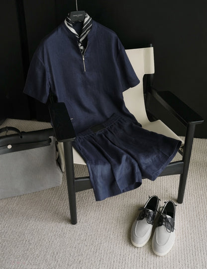 Luxury Premium Linen 2-Piece Summer Set | Mandarin Collar Short Sleeve Shirt & Breathable Shorts for Men