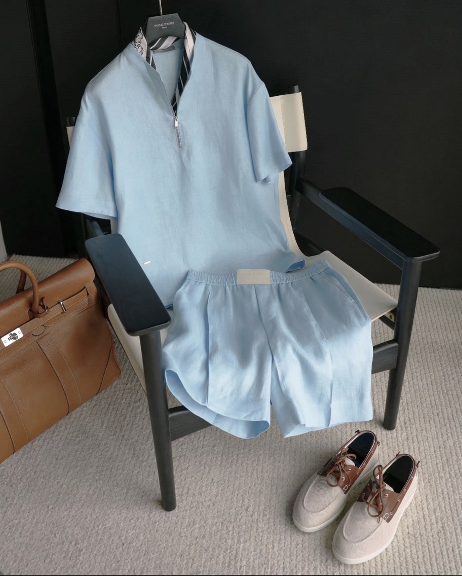 Luxury Premium Linen 2-Piece Summer Set | Mandarin Collar Short Sleeve Shirt & Breathable Shorts for Men