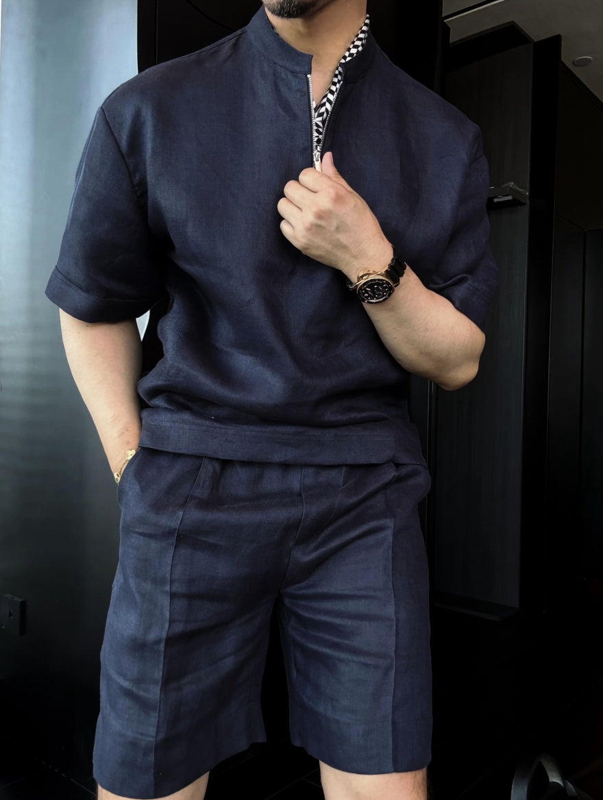 Luxury Premium Linen 2-Piece Summer Set | Mandarin Collar Short Sleeve Shirt & Breathable Shorts for Men