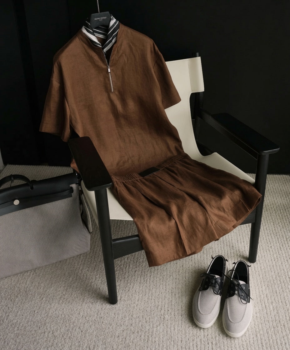 Luxury Premium Linen 2-Piece Summer Set | Mandarin Collar Short Sleeve Shirt & Breathable Shorts for Men