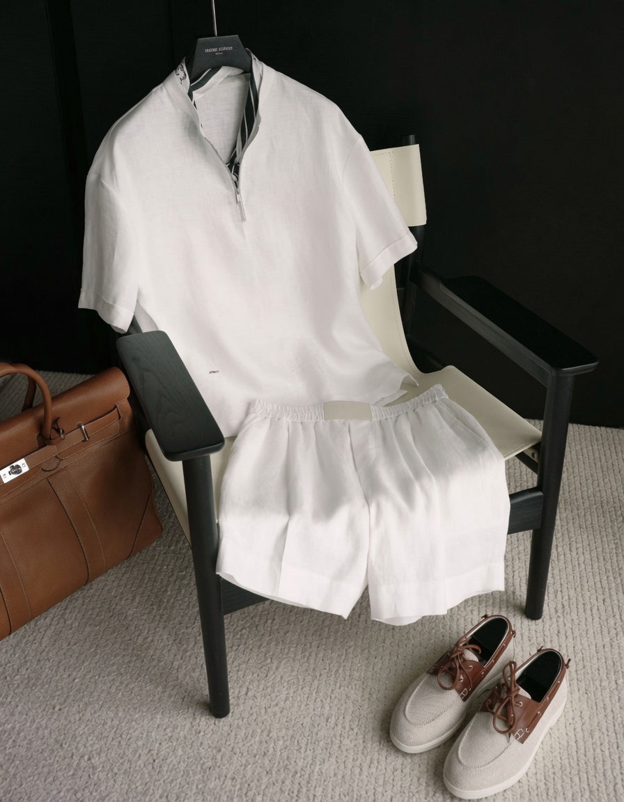 Luxury Premium Linen 2-Piece Summer Set | Mandarin Collar Short Sleeve Shirt & Breathable Shorts for Men