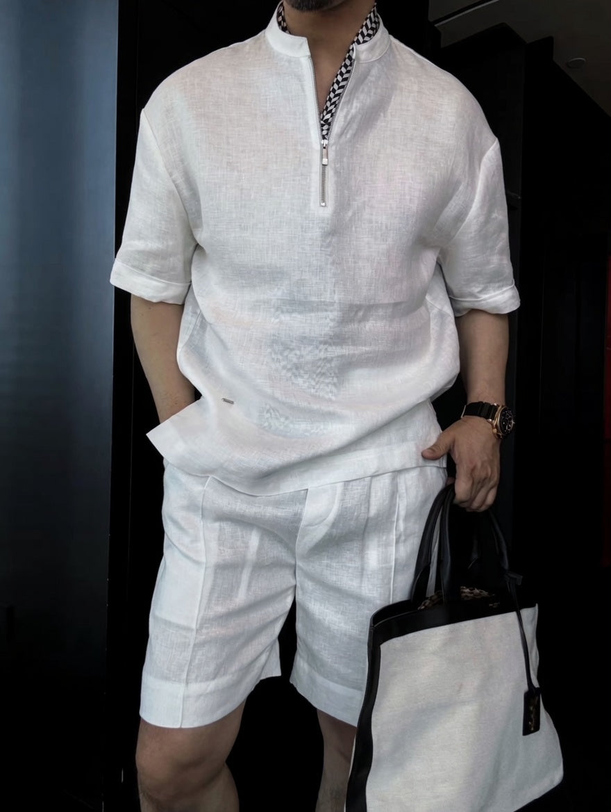 Luxury Premium Linen 2-Piece Summer Set | Mandarin Collar Short Sleeve Shirt & Breathable Shorts for Men