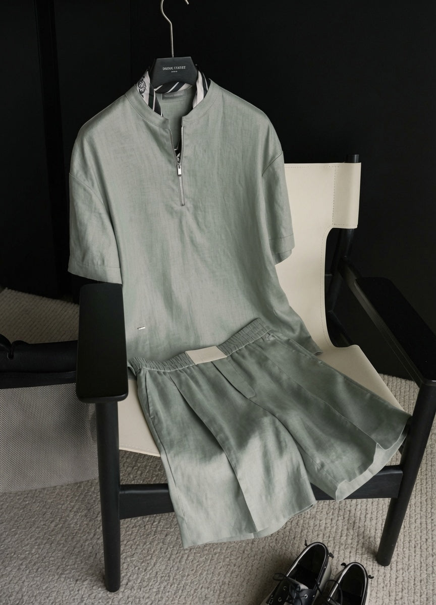 Luxury Premium Linen 2-Piece Summer Set | Mandarin Collar Short Sleeve Shirt & Breathable Shorts for Men
