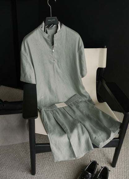 Luxury Premium Linen 2-Piece Summer Set | Mandarin Collar Short Sleeve Shirt & Breathable Shorts for Men