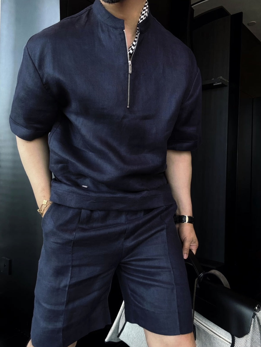 Luxury Premium Linen 2-Piece Summer Set | Mandarin Collar Short Sleeve Shirt & Breathable Shorts for Men