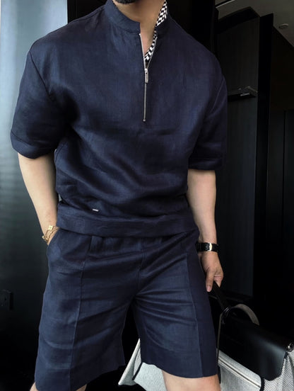 Luxury Premium Linen 2-Piece Summer Set | Mandarin Collar Short Sleeve Shirt & Breathable Shorts for Men