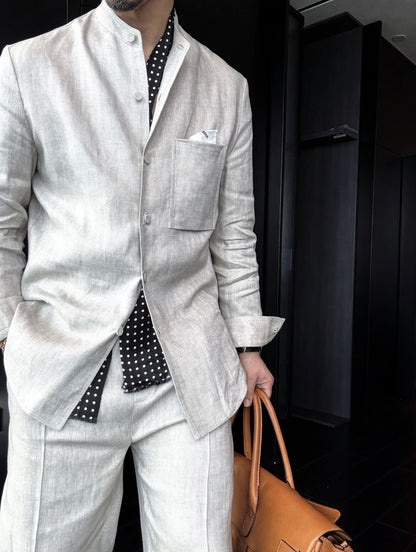 Premium Linen Mandarin Collar 2-Piece Suit | Old Money Style Breathable Set for Men