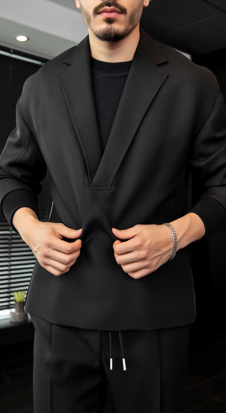 Polished Style, Effortless Comfort — V-Neck Knit Blazer Set